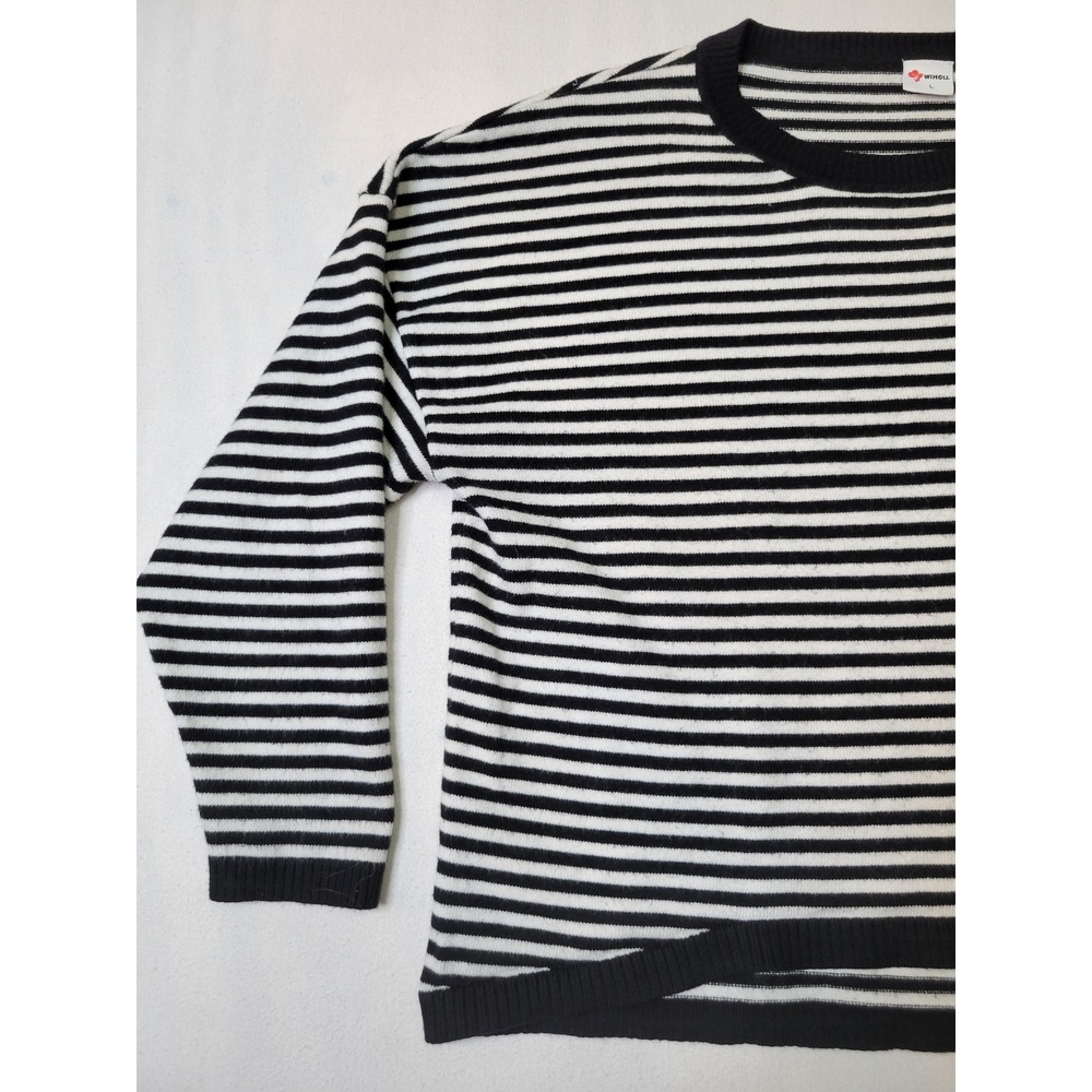 WIHOLL Black White Striped Knit Sweater Large Crew Neck High Low Hem Pullover